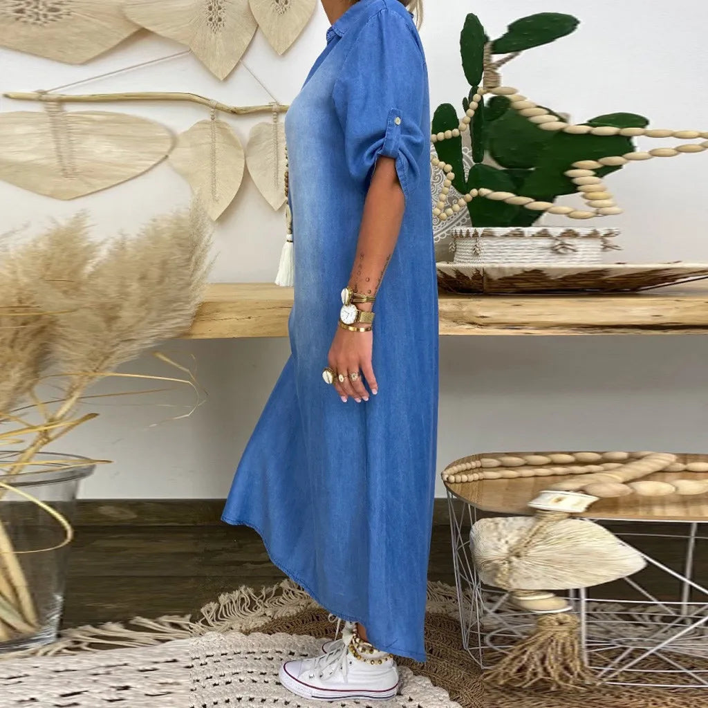 Casual Plus Size Denim Dress For Women Summer Dresses Lapel Split Sexy Loose Long ladies Jeans Dress 3XL Vestidos