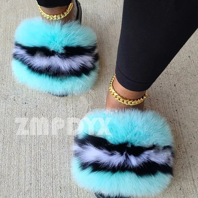 Hot Sale Summer Women Fox Fur Slippers Furry Slippers Designer Fur Slides Girls Black Fur Slides Gorgeous Big Fur Slides Sandal