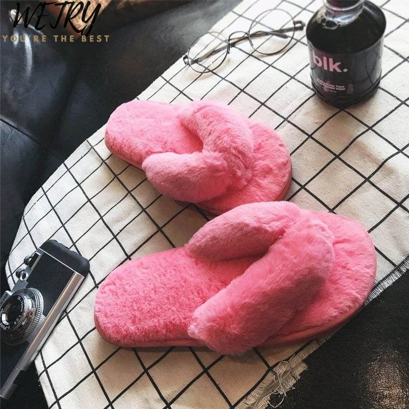 Winter Women Home Slippers with Faux Fur Fashion Warm Shoes Woman Slip on Flats Female Slides Black Pink Plus Size 41