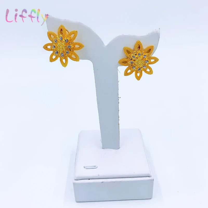 Liffly New Fashion Dubai Gold Color Bridal Jewelry Sets for Women Necklace Earrings Ring Wedding Party African Jewelry Gift