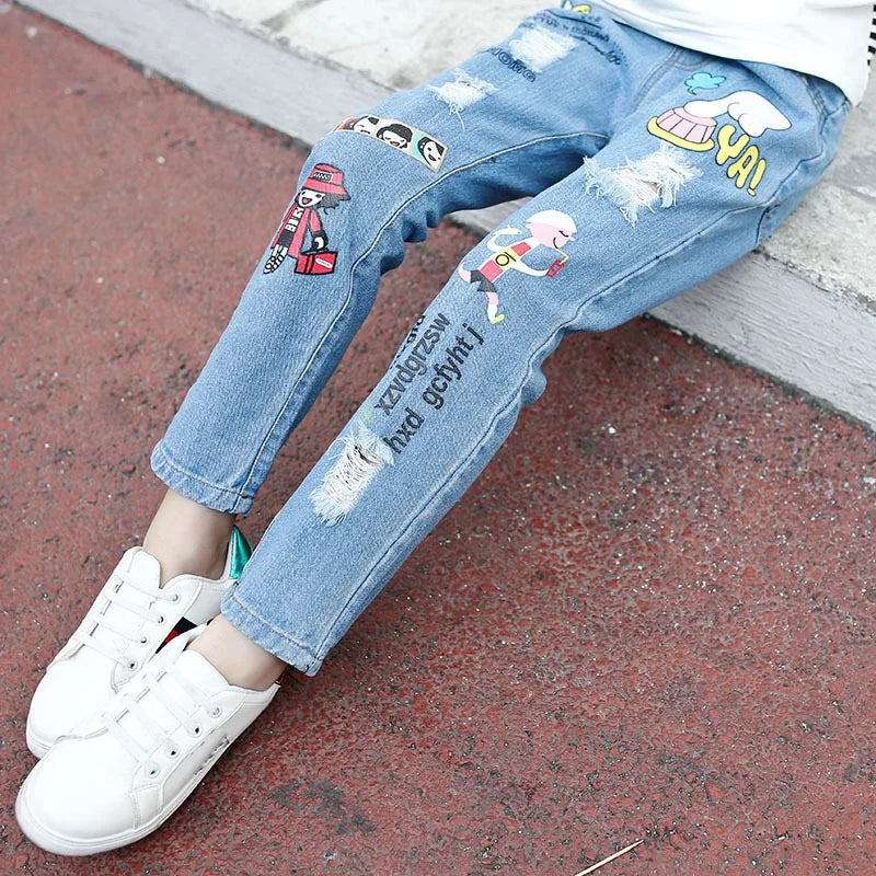 Spring Fashion Kids Jeans Girls Holes Jeans Toddler Baby High Quality Letter Print Elastic Waist Jeans Teen Tight Pencil Pants