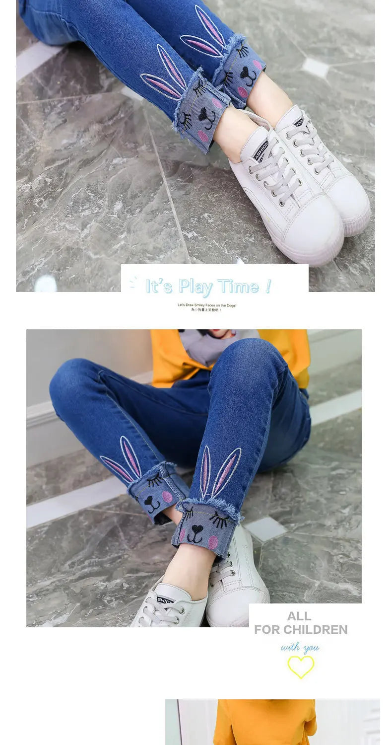 Spring Fashion Kids Jeans Girls Holes Jeans Toddler Baby High Quality Letter Print Elastic Waist Jeans Teen Tight Pencil Pants