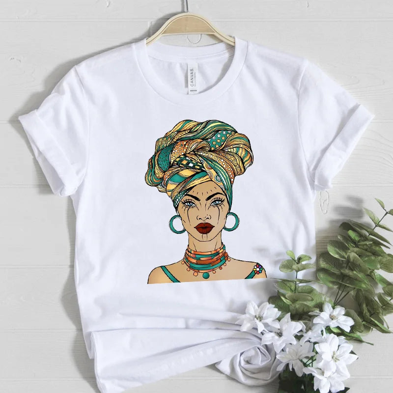 Beautiful Africa Girl Graphic T-Shirt for Women Aesthetic Black Melanin Queen Design Short Sleeve Eye Catching Femme Tops