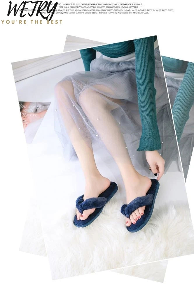 Winter Women Home Slippers with Faux Fur Fashion Warm Shoes Woman Slip on Flats Female Slides Black Pink Plus Size 41