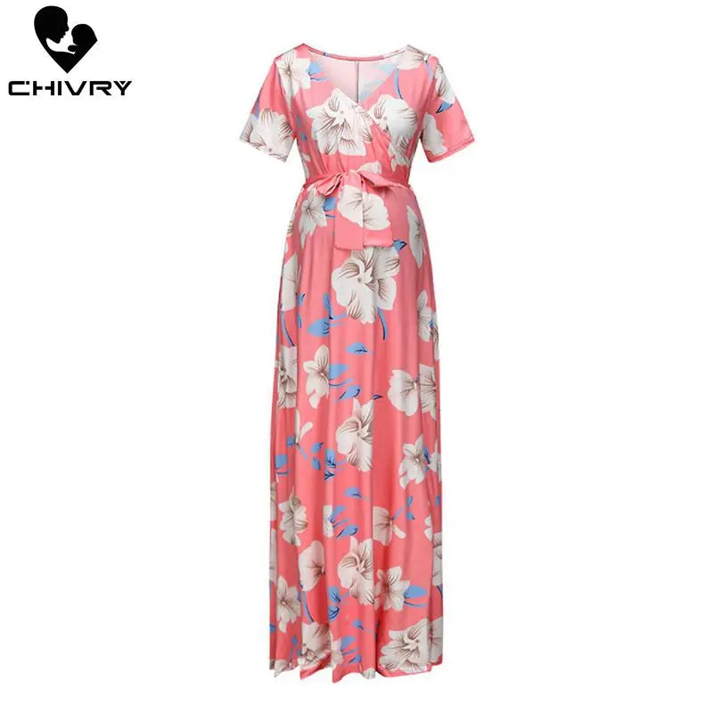 Chivry Maternity Dress Women Floral Print Short Sleeve V-neck Maxi Long Dress Pregnant Casual Clothes Summer Maternity Dress