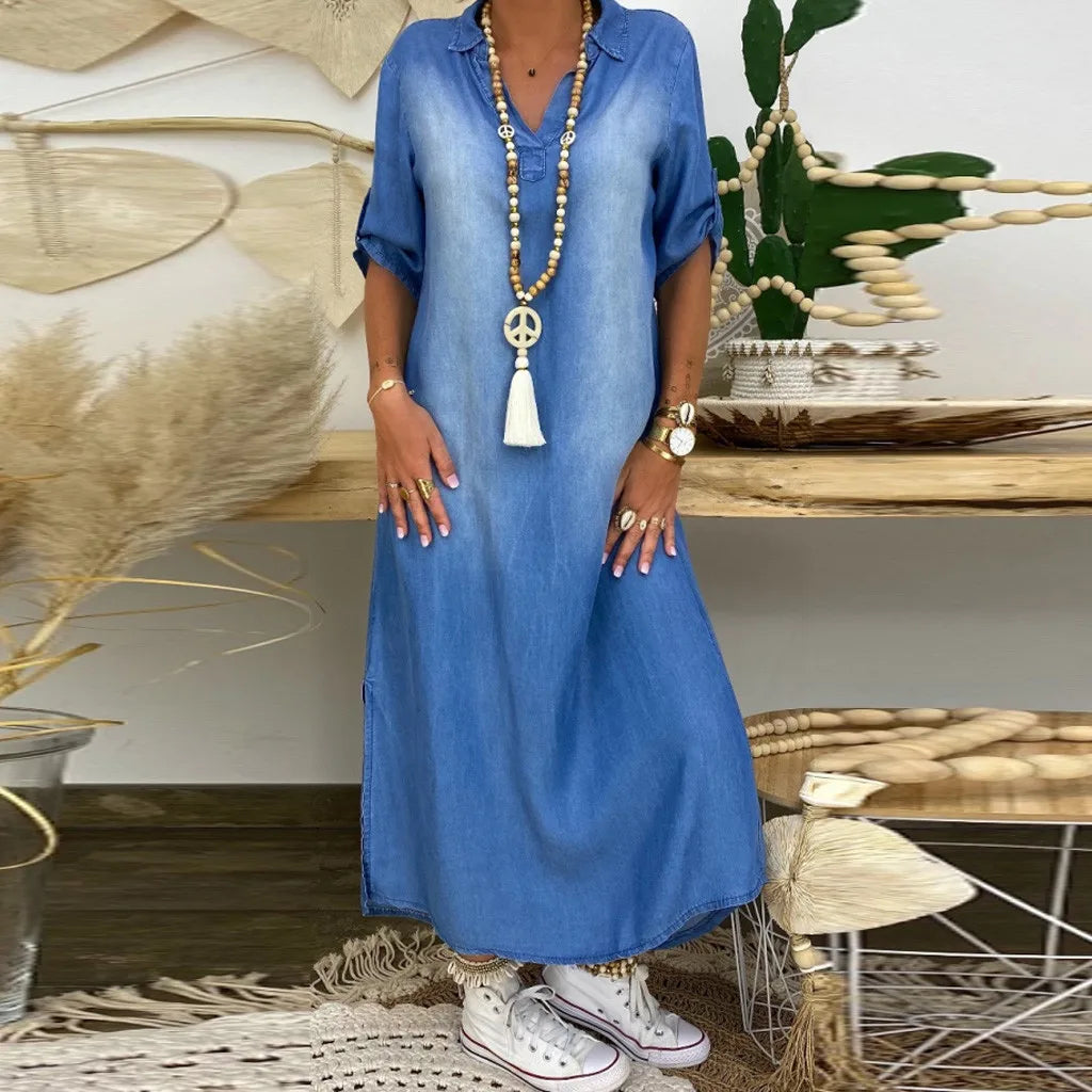 Casual Plus Size Denim Dress For Women Summer Dresses Lapel Split Sexy Loose Long ladies Jeans Dress 3XL Vestidos
