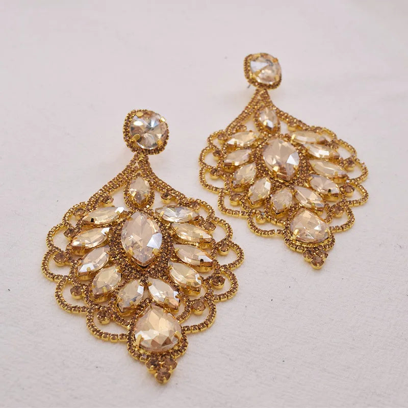 CUIER 4.7" Women Earrings with Rhinestones Glass Gem Exquisite Lace Design Big Drop Earring gift for bridal Wedding Jewelry
