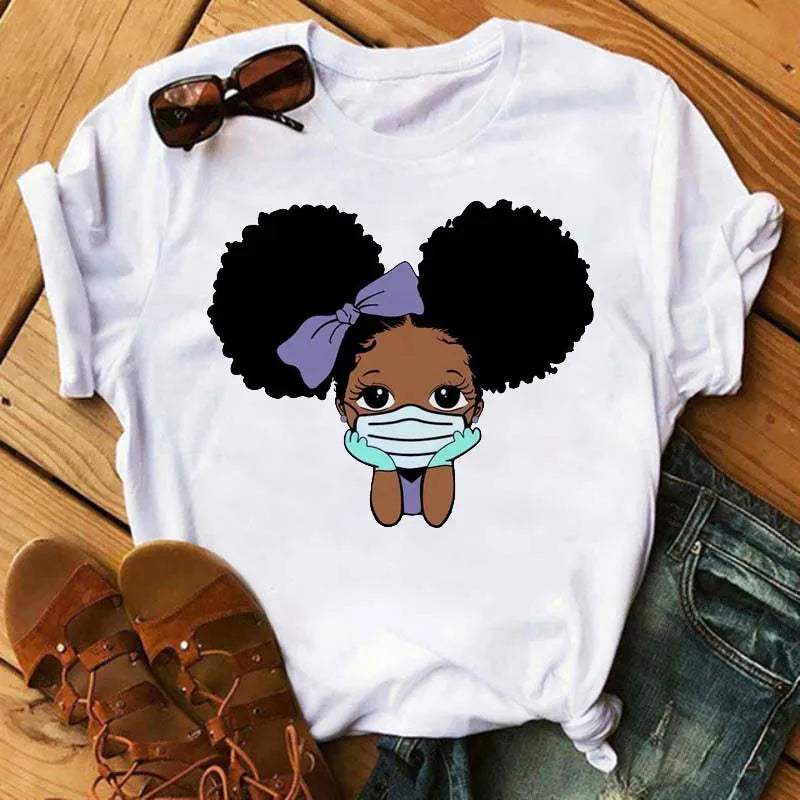Maycaur Harajuku Black African Curly Hair Girls Tshirt Women Cartoon Graphic Print Tops Female T-shirt Cute Tee Friends T Shirts