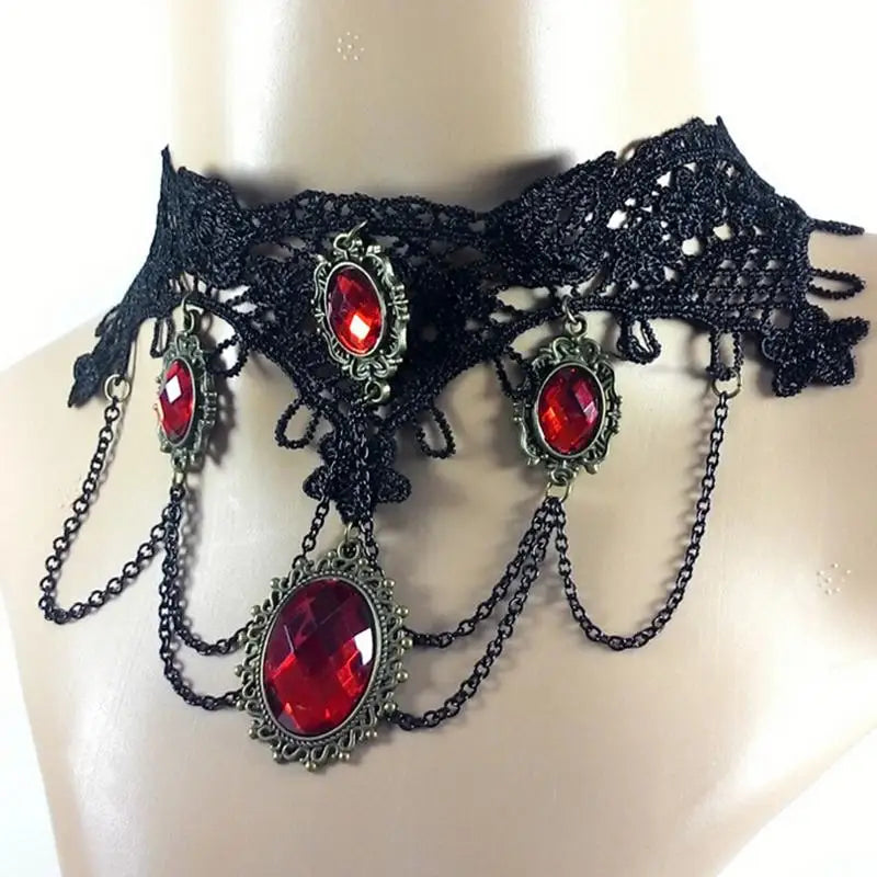 Fashion Cocktail Evening Party Dress Jewelry Victorian Gothic Halloween Red Rhinestone Charms Vampire Maxi Necklace Choker