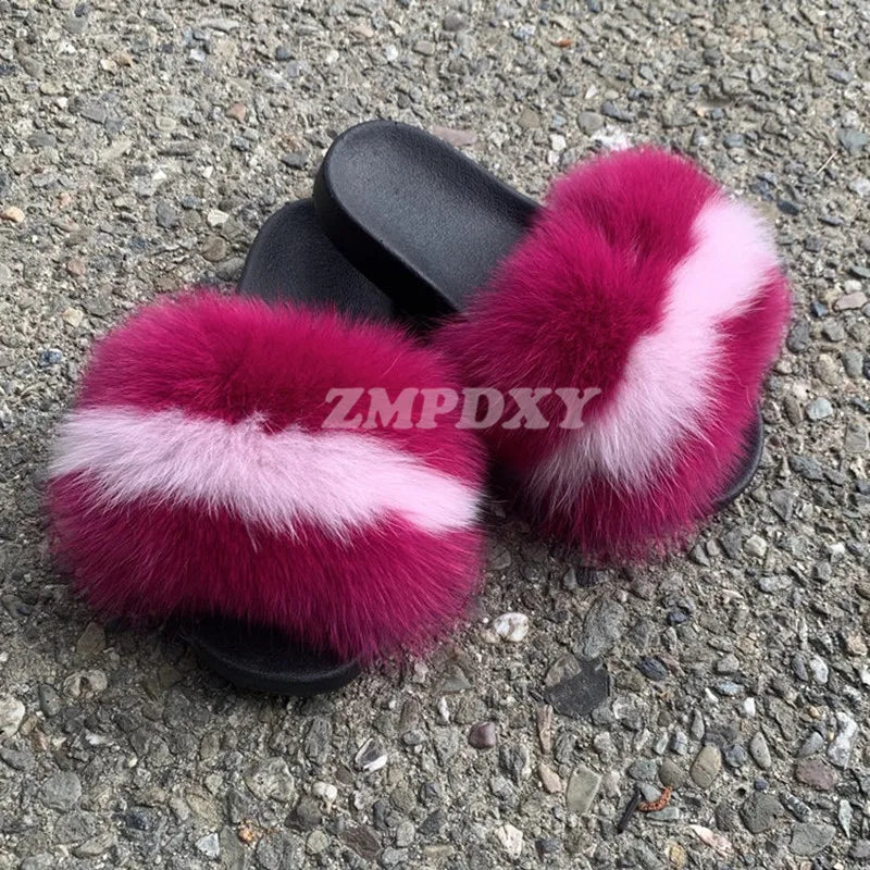 Rainbow Fur Slides Women's Furry Plush Raccoon Fox Fur Slippers Indoor Flat Non-Slip Summer Beach Flip Flops Large Size Sandals