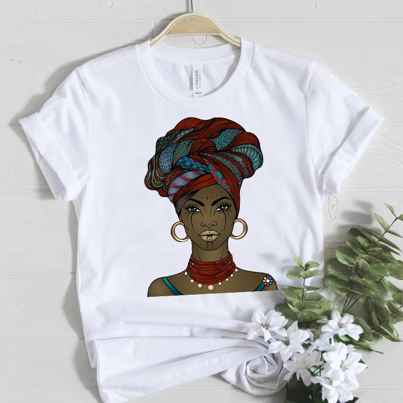 Beautiful Africa Girl Graphic T-Shirt for Women Aesthetic Black Melanin Queen Design Short Sleeve Eye Catching Femme Tops