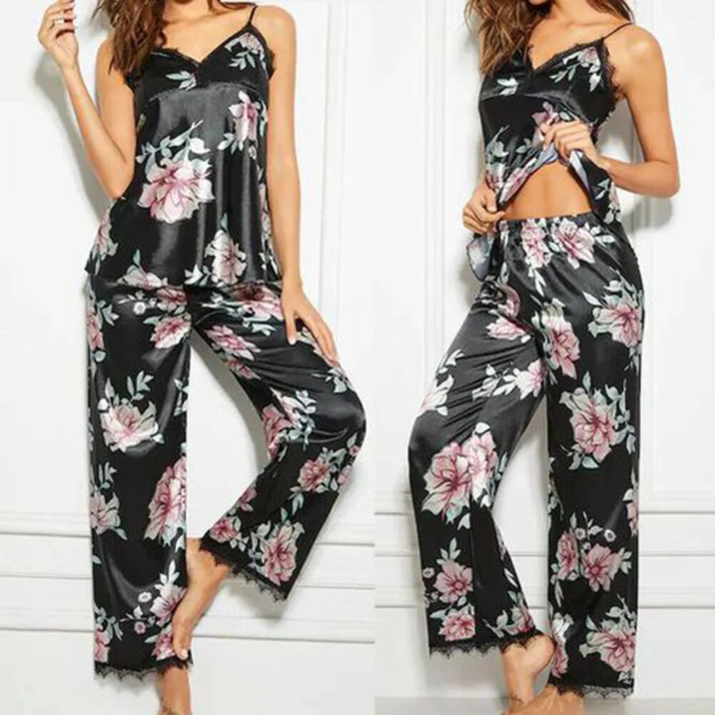 Cozyclothhaven 2Pcs Summer Sexy Pajama Sets Women Floral Print V-Neck Lace Vest Long Pants Sexy Sleepwear Women Night Gowns Women Pajama Sets.(Sizes may run small)