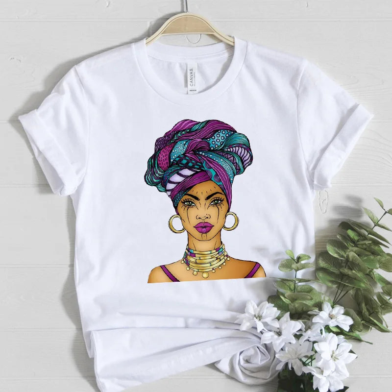 Beautiful Africa Girl Graphic T-Shirt for Women Aesthetic Black Melanin Queen Design Short Sleeve Eye Catching Femme Tops