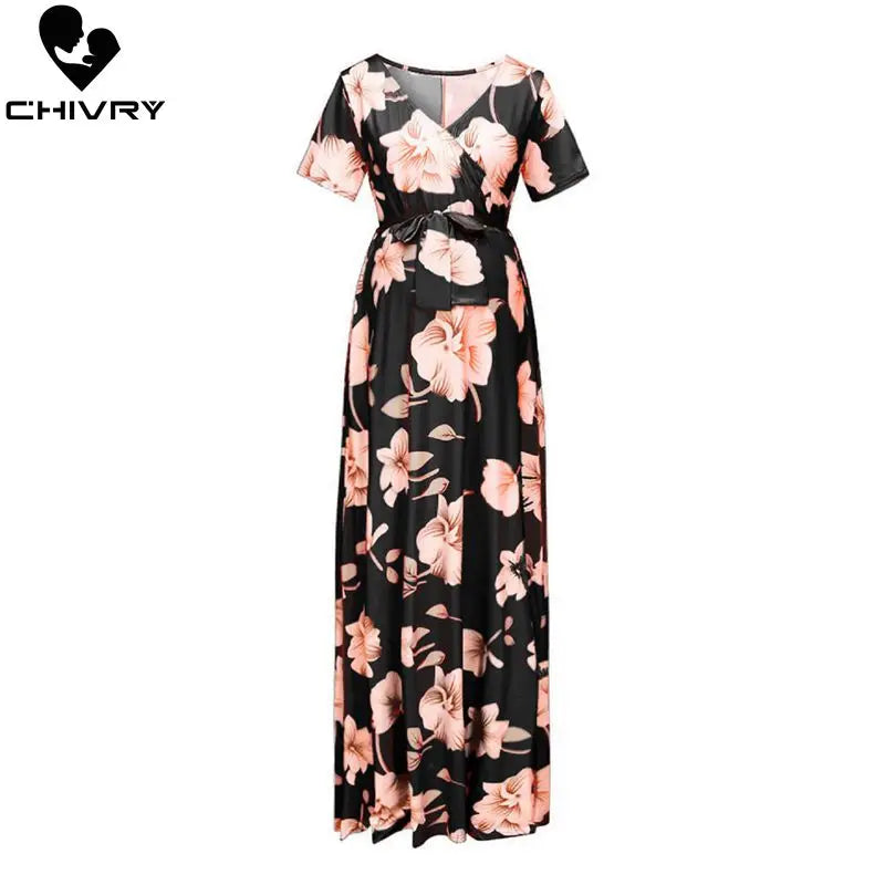 Chivry Maternity Dress Women Floral Print Short Sleeve V-neck Maxi Long Dress Pregnant Casual Clothes Summer Maternity Dress