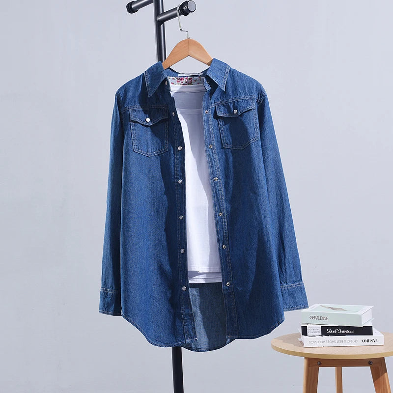 Women Shirt Denim Cotton Tops Casual Thick Pockets Single Breasted Button Up Lapel Long Sleeve Large Size Blue Shirt