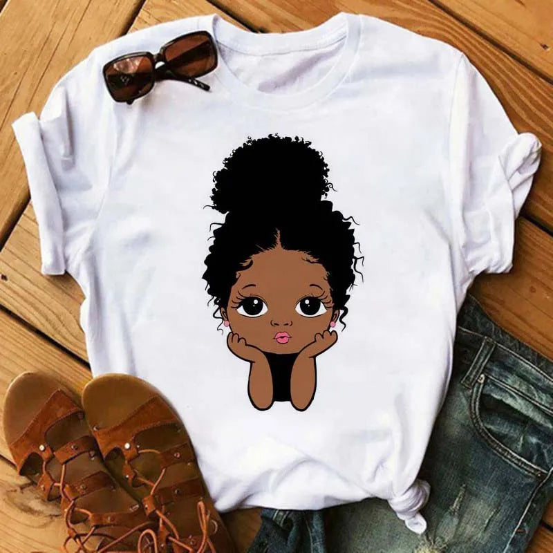 Maycaur Harajuku Black African Curly Hair Girls Tshirt Women Cartoon Graphic Print Tops Female T-shirt Cute Tee Friends T Shirts