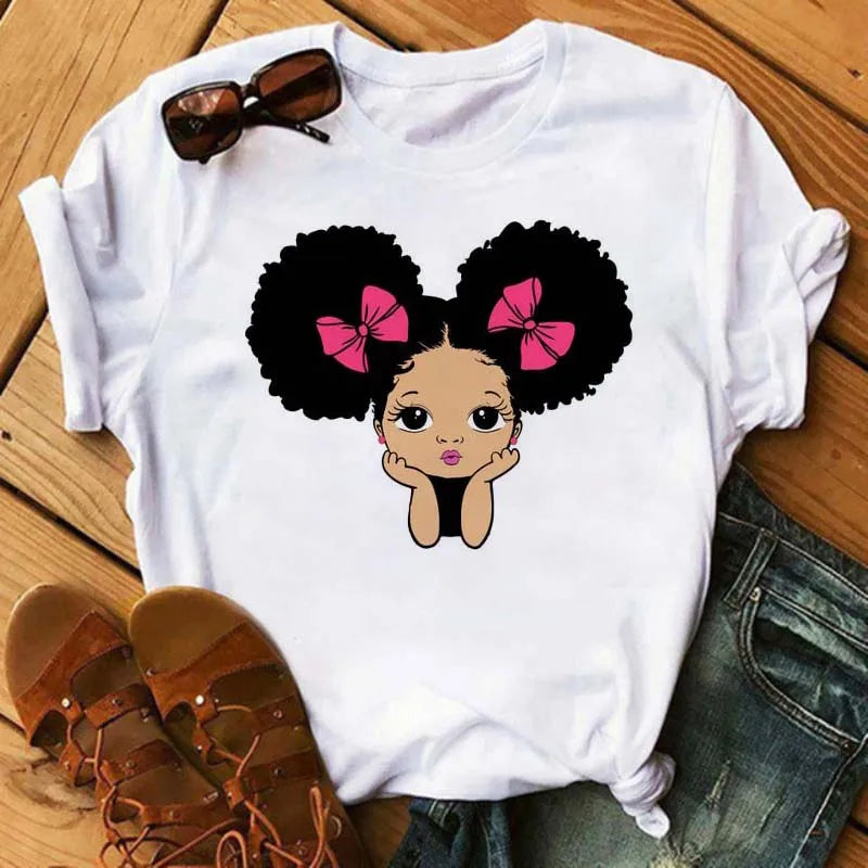 Maycaur Harajuku Black African Curly Hair Girls Tshirt Women Cartoon Graphic Print Tops Female T-shirt Cute Tee Friends T Shirts