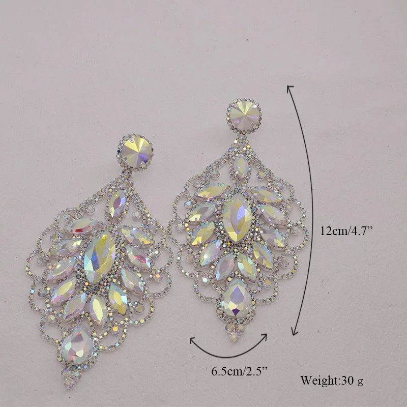 CUIER 4.7" Women Earrings with Rhinestones Glass Gem Exquisite Lace Design Big Drop Earring gift for bridal Wedding Jewelry