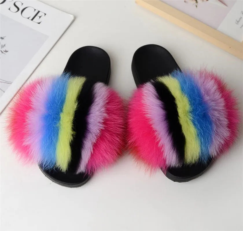 Hot Sale Summer Women Fox Fur Slippers Furry Slippers Designer Fur Slides Girls Black Fur Slides Gorgeous Big Fur Slides Sandal