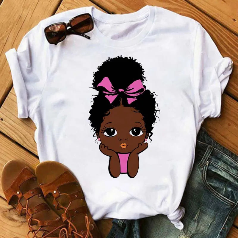Maycaur Harajuku Black African Curly Hair Girls Tshirt Women Cartoon Graphic Print Tops Female T-shirt Cute Tee Friends T Shirts
