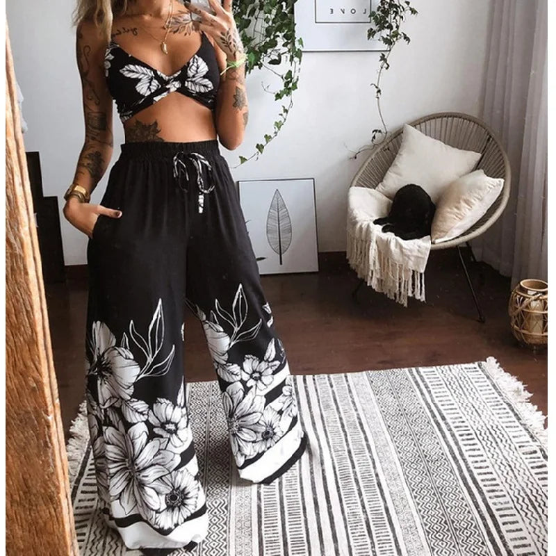 Women's Fashion 2 Pieces Outfits Tracksuit Boho Print Sexy Sleeveless Crop Top Loose Wide Leg Pants Set Female Suit