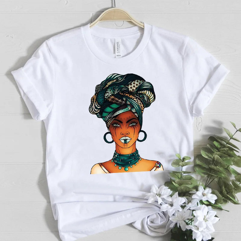 Beautiful Africa Girl Graphic T-Shirt for Women Aesthetic Black Melanin Queen Design Short Sleeve Eye Catching Femme Tops