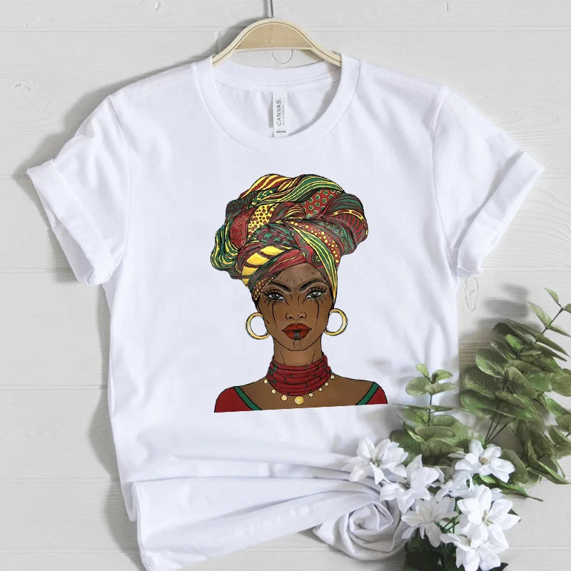 Beautiful Africa Girl Graphic T-Shirt for Women Aesthetic Black Melanin Queen Design Short Sleeve Eye Catching Femme Tops