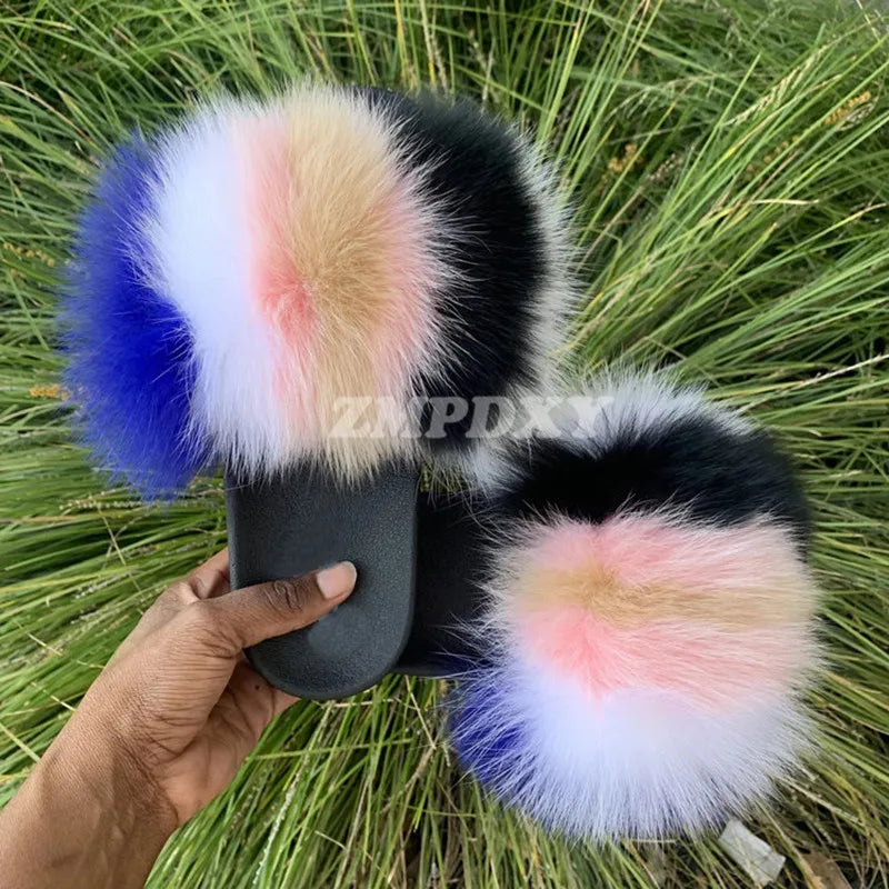 Rainbow Fur Slides Women's Furry Plush Raccoon Fox Fur Slippers Indoor Flat Non-Slip Summer Beach Flip Flops Large Size Sandals