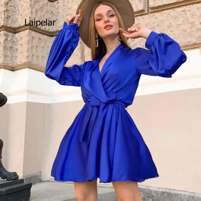 New Autumn Long Sleeve V-Neck Solid Color A-Line Swing Lantern Sleeve Soft Satin Short Dress