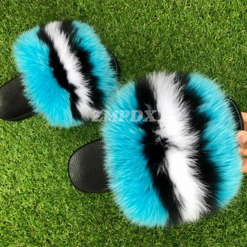 Rainbow Fur Slides Women's Furry Plush Raccoon Fox Fur Slippers Indoor Flat Non-Slip Summer Beach Flip Flops Large Size Sandals