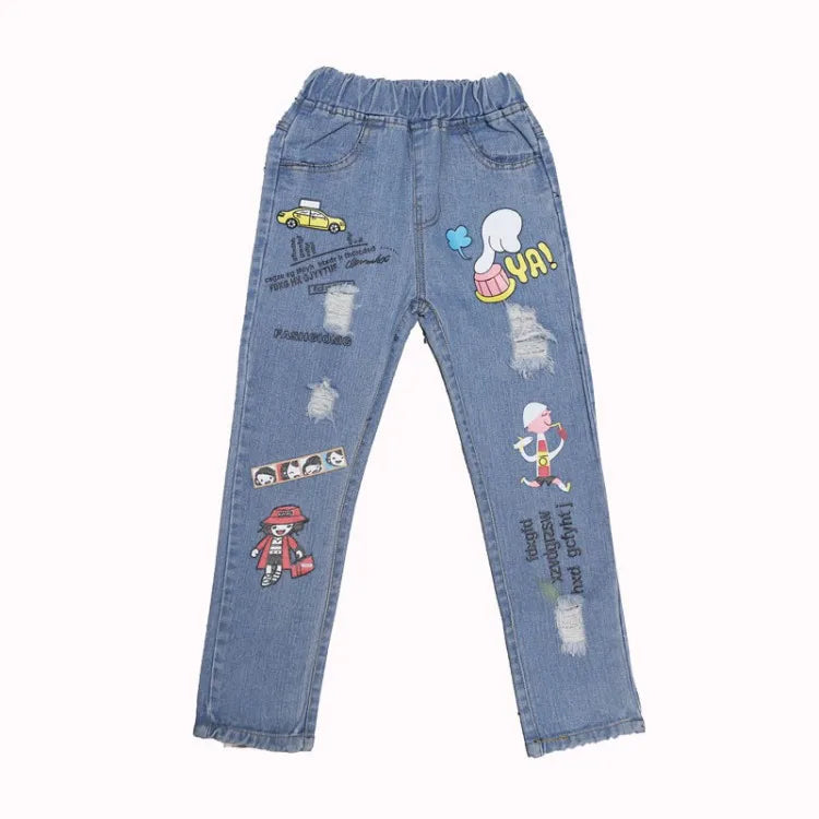 Spring Fashion Kids Jeans Girls Holes Jeans Toddler Baby High Quality Letter Print Elastic Waist Jeans Teen Tight Pencil Pants