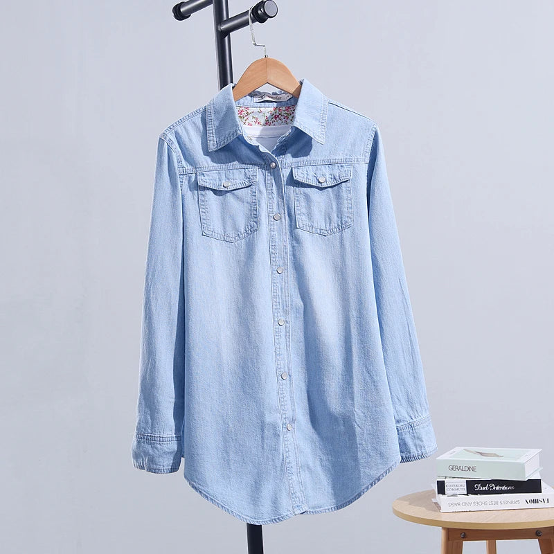 Women Shirt Denim Cotton Tops Casual Thick Pockets Single Breasted Button Up Lapel Long Sleeve Large Size Blue Shirt