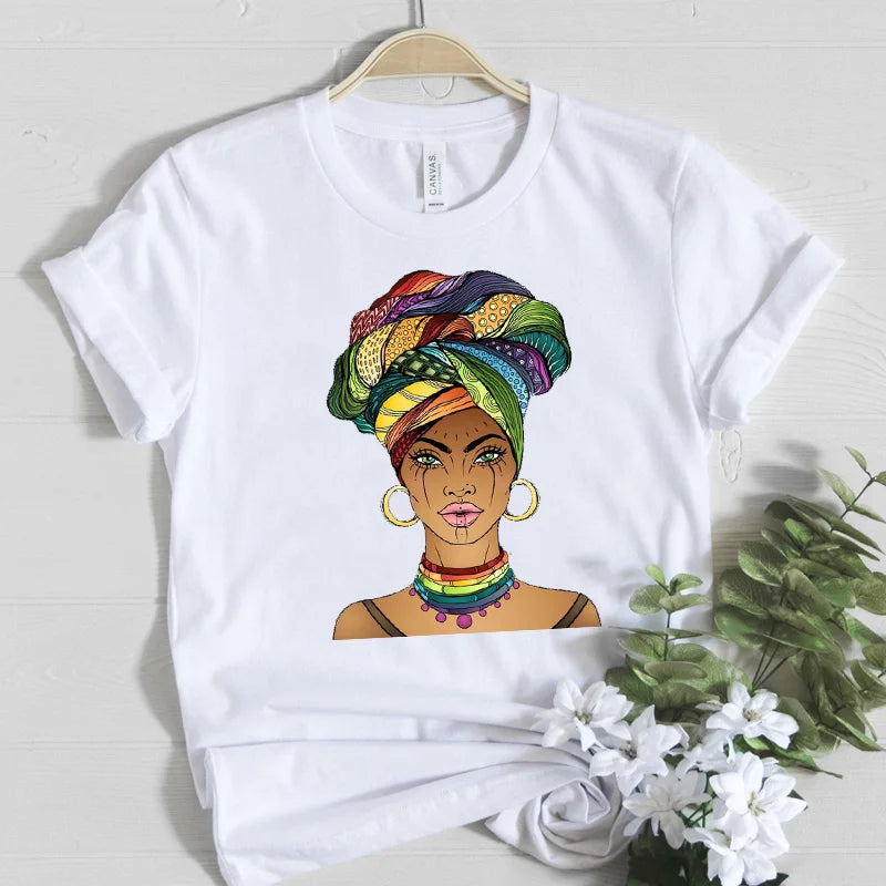 Beautiful Africa Girl Graphic T-Shirt for Women Aesthetic Black Melanin Queen Design Short Sleeve Eye Catching Femme Tops