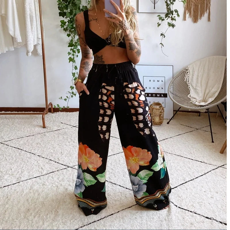 Women's Fashion 2 Pieces Outfits Tracksuit Boho Print Sexy Sleeveless Crop Top Loose Wide Leg Pants Set Female Suit