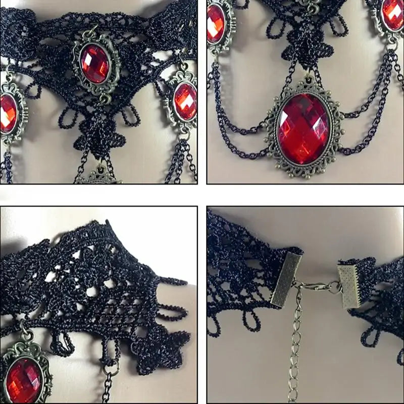 Fashion Cocktail Evening Party Dress Jewelry Victorian Gothic Halloween Red Rhinestone Charms Vampire Maxi Necklace Choker