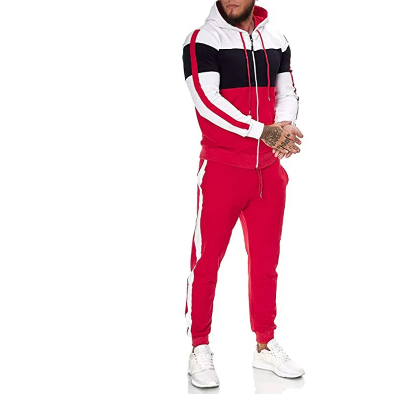 Autumn and Winter New Three-color Stitching Men's Fashion Sets Casual Sweater Plus Velvet Thick Suit Warm Hooded Jacket