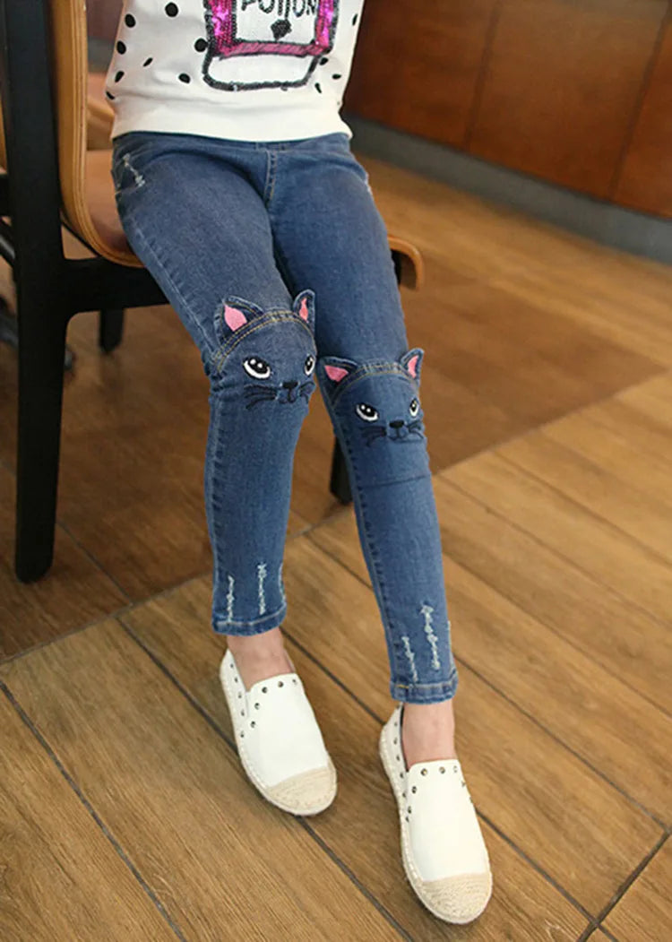 Spring Fashion Kids Jeans Girls Holes Jeans Toddler Baby High Quality Letter Print Elastic Waist Jeans Teen Tight Pencil Pants