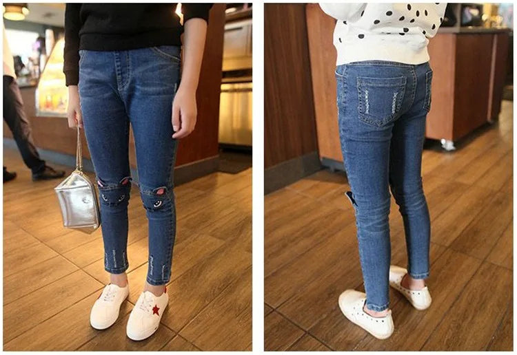 Spring Fashion Kids Jeans Girls Holes Jeans Toddler Baby High Quality Letter Print Elastic Waist Jeans Teen Tight Pencil Pants