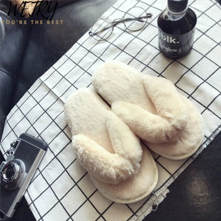 Winter Women Home Slippers with Faux Fur Fashion Warm Shoes Woman Slip on Flats Female Slides Black Pink Plus Size 41