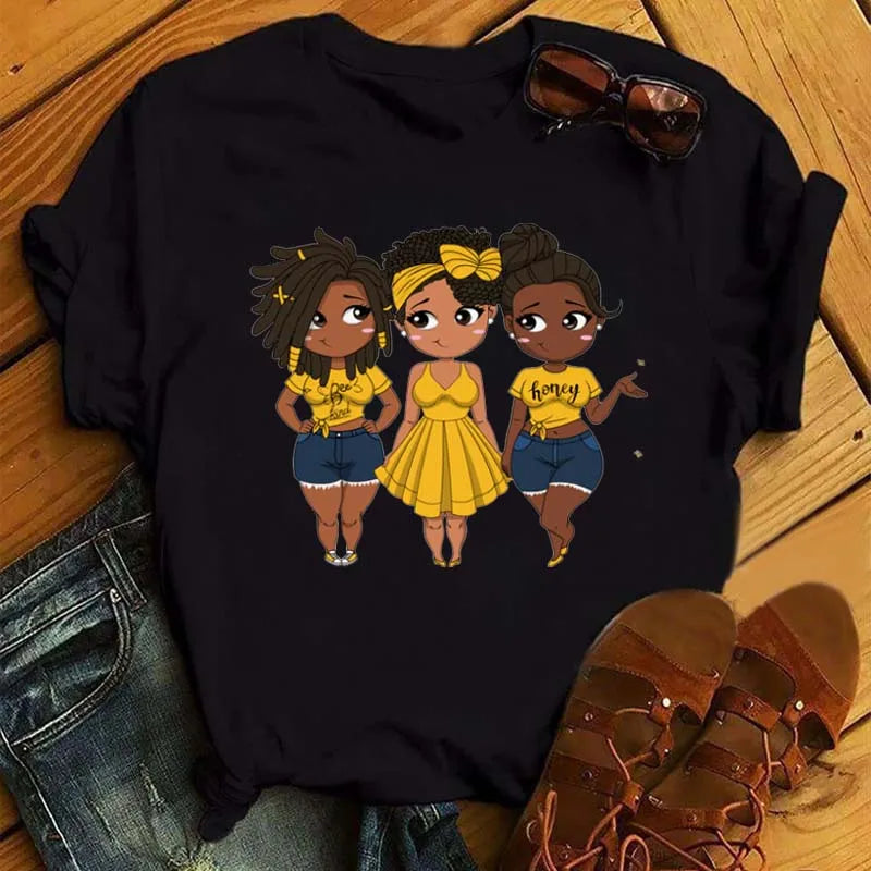 Maycaur Harajuku Black African Curly Hair Girls Tshirt Women Cartoon Graphic Print Tops Female T-shirt Cute Tee Friends T Shirts
