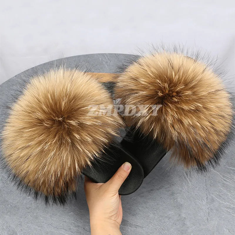 Rainbow Fur Slides Women's Furry Plush Raccoon Fox Fur Slippers Indoor Flat Non-Slip Summer Beach Flip Flops Large Size Sandals