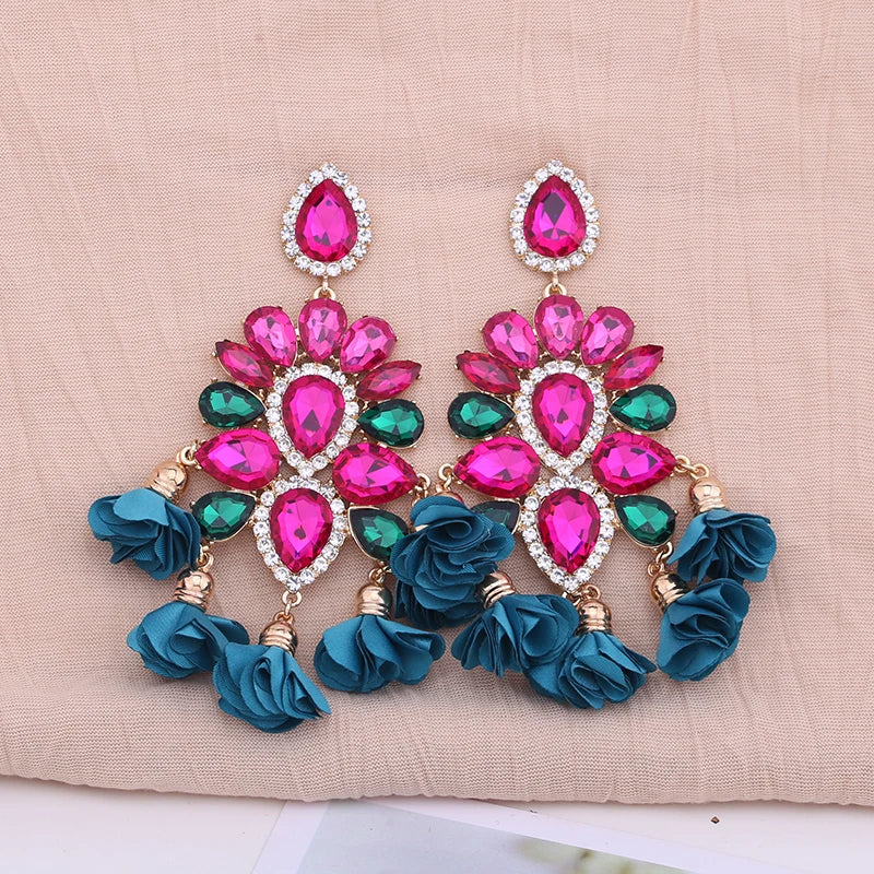 Aretes India Earrings Women Rhinestones Pendant Crystal Statement Earrings For Women Flower Tassel Earring Fashion Jewelry Gifts