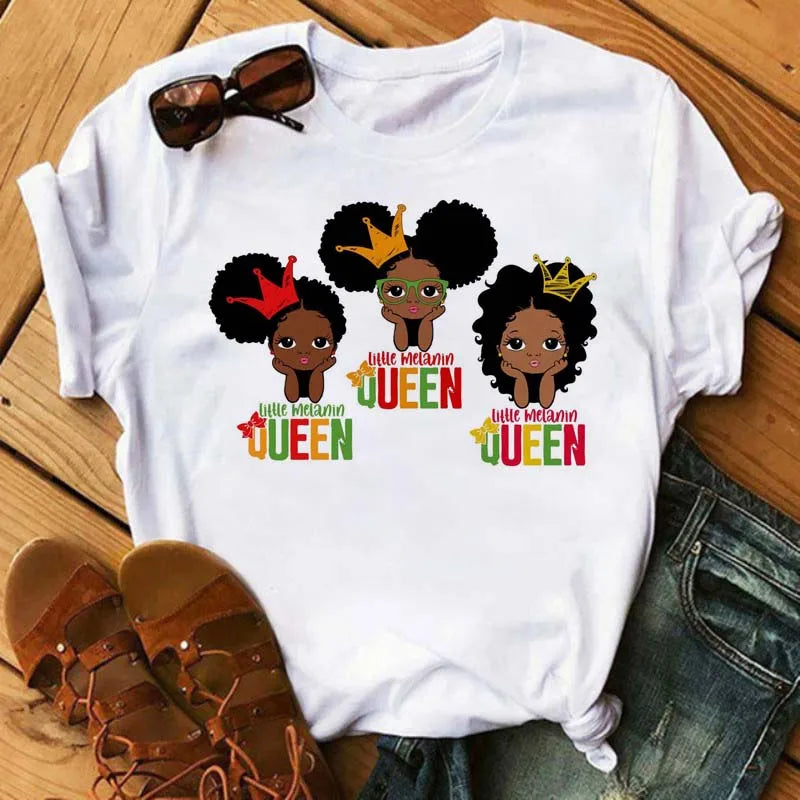 Maycaur Harajuku Black African Curly Hair Girls Tshirt Women Cartoon Graphic Print Tops Female T-shirt Cute Tee Friends T Shirts
