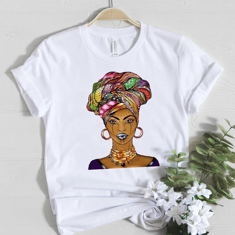 Beautiful Africa Girl Graphic T-Shirt for Women Aesthetic Black Melanin Queen Design Short Sleeve Eye Catching Femme Tops