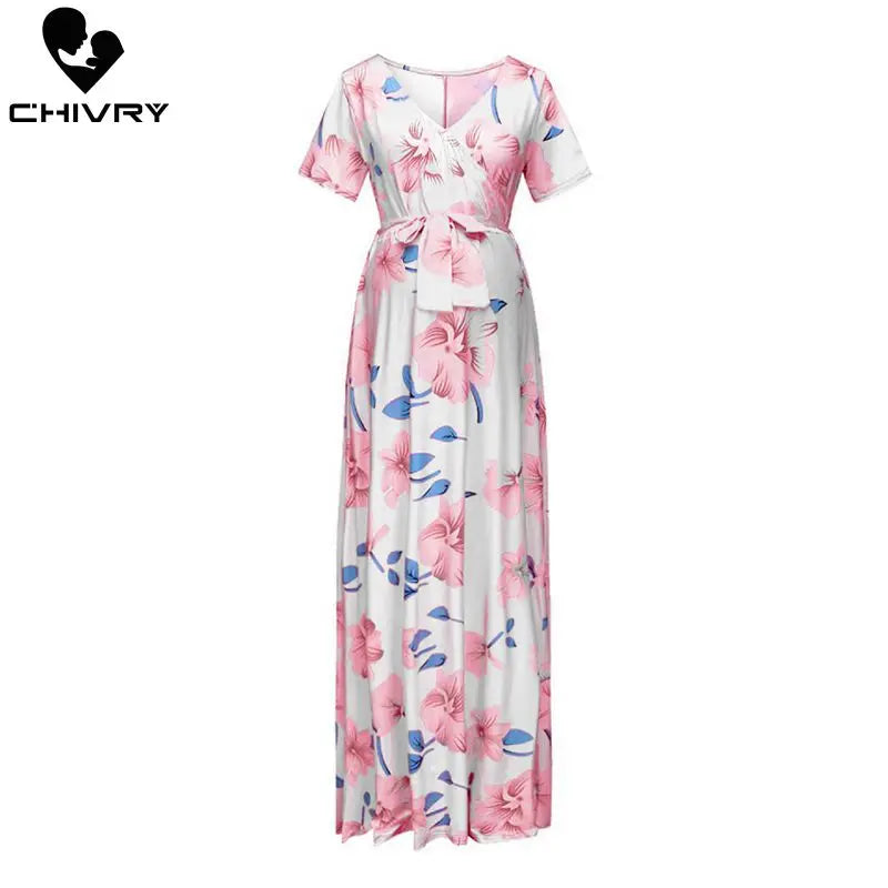 Chivry Maternity Dress Women Floral Print Short Sleeve V-neck Maxi Long Dress Pregnant Casual Clothes Summer Maternity Dress