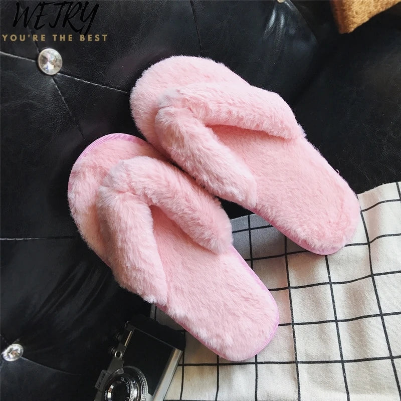 Winter Women Home Slippers with Faux Fur Fashion Warm Shoes Woman Slip on Flats Female Slides Black Pink Plus Size 41