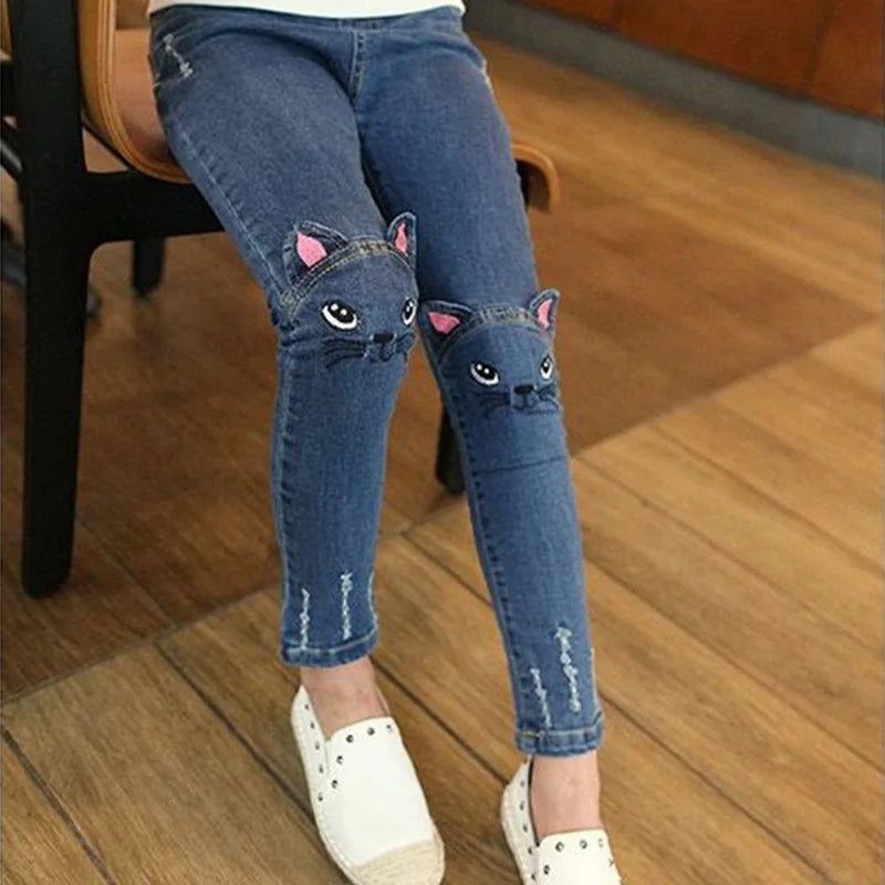 Spring Fashion Kids Jeans Girls Holes Jeans Toddler Baby High Quality Letter Print Elastic Waist Jeans Teen Tight Pencil Pants