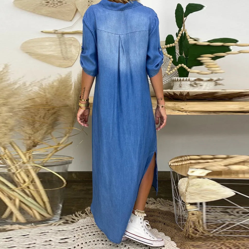 Casual Plus Size Denim Dress For Women Summer Dresses Lapel Split Sexy Loose Long ladies Jeans Dress 3XL Vestidos