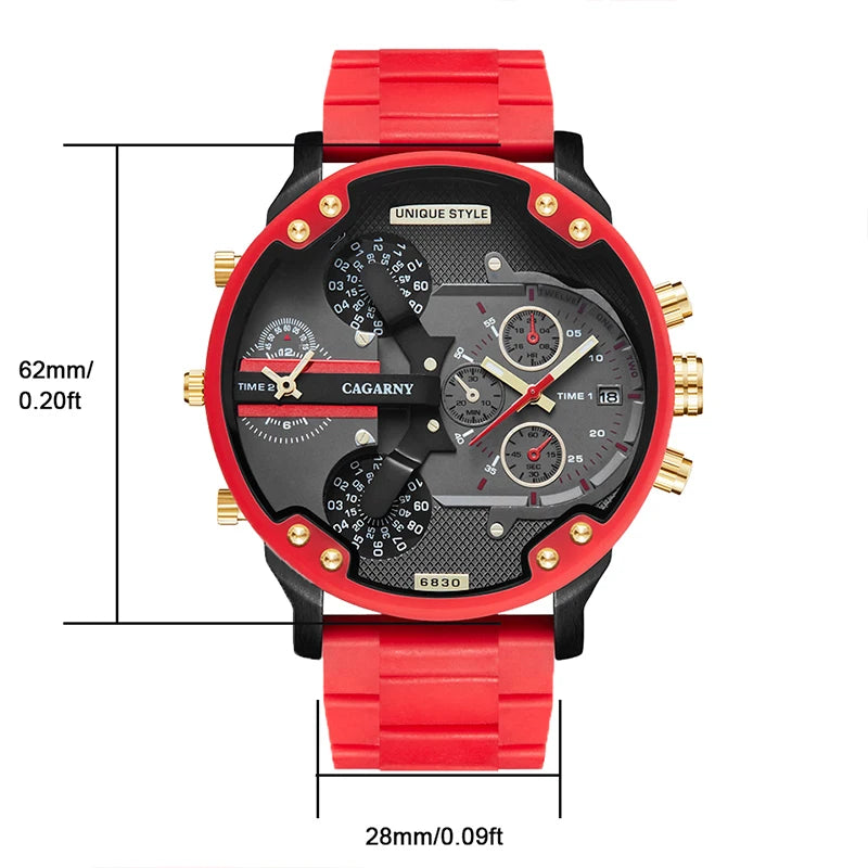 Cagarny Men Gold Watches Red Big Dial Luxury Top Brand Quartz Steel Band Military Wrist Watches for Men Auto Date Dual Time