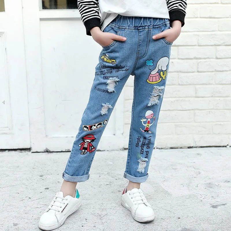 Spring Fashion Kids Jeans Girls Holes Jeans Toddler Baby High Quality Letter Print Elastic Waist Jeans Teen Tight Pencil Pants